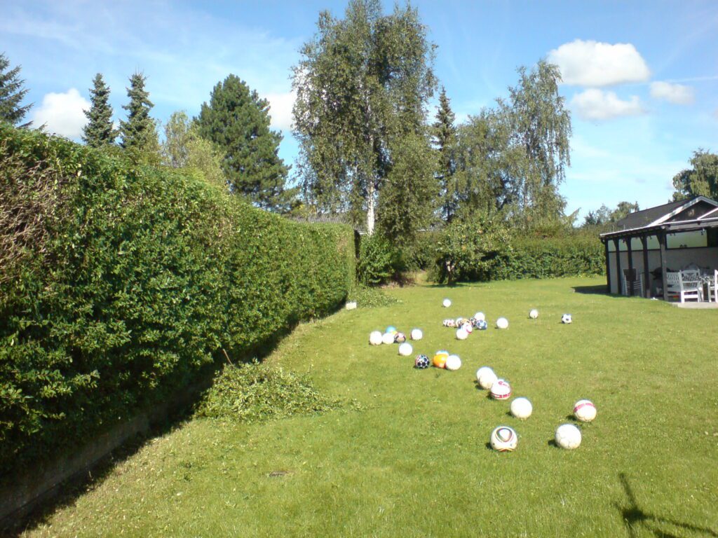 Upravený živý plot a záhrada s rozhádzanými futbalovými loptami, v pozadí altánok
